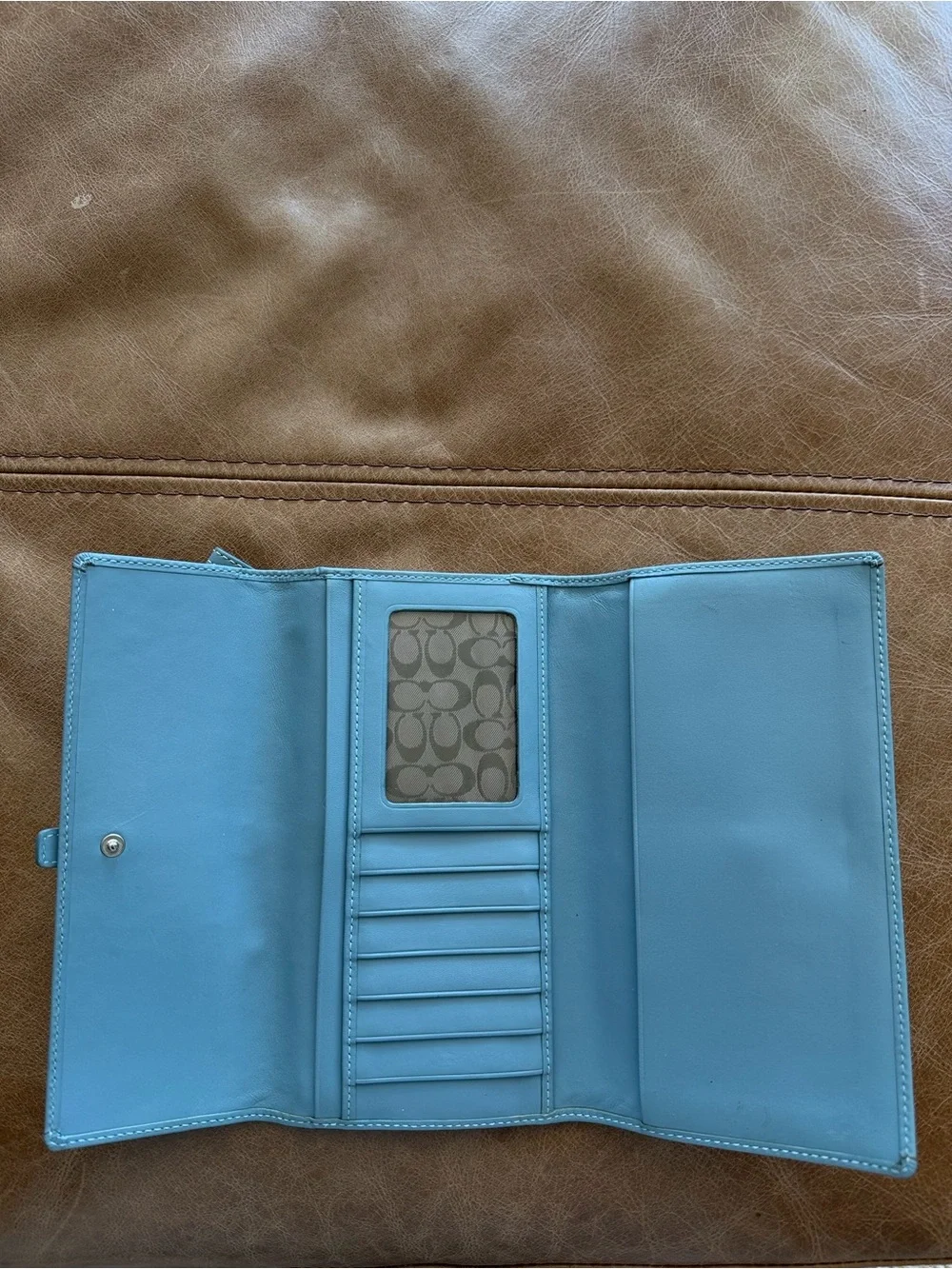 coach vintage blue leather wallet buckle closure